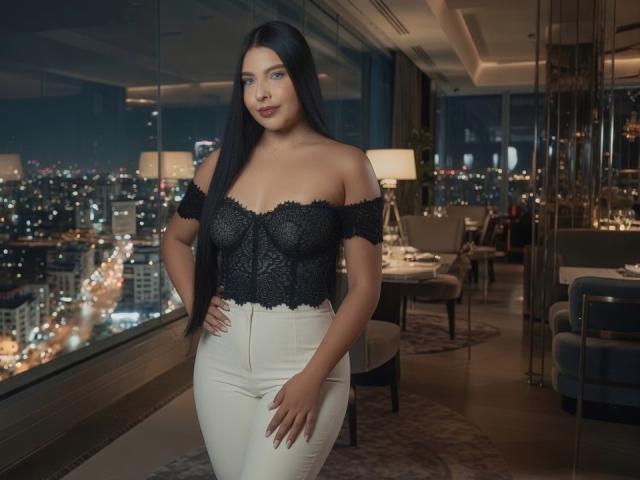 Sofia Delacruz, com longos cabelos pretos, vestindo uma blusa preta de renda com um ombro descoberto e calças brancas de cintura alta, está em pé em um apartamento moderno e luxuoso, em um prédio alto, com pouca luz, à noite..