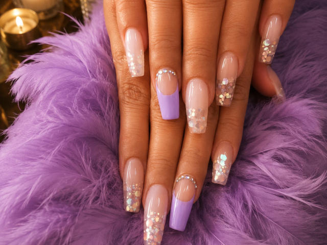As mãos de Vianca Castellanos, com unhas longas e pontas roxas, esmalte transparente, glitter nas pontas e detalhes de pérolas, repousam sobre uma superfície roxa e fofa. Suas unhas são bonitas e sensuais..