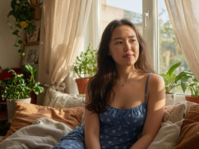 MitsueDorst has long brown hair, wearing a blue dress with small white patterns, sitting on a bed with sunlit plants in the background, looking slightly to the side.