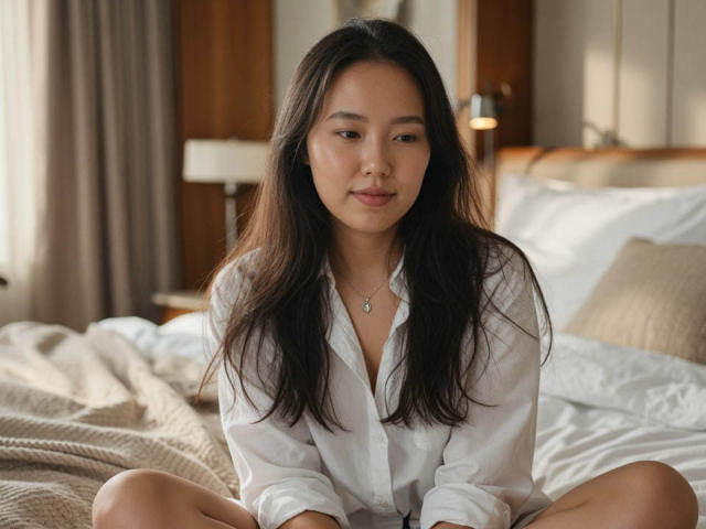 MitsueDorst, Asian woman, sitting on bed, white shirt, long dark hair, soft smile, small necklace, legs crossed, light brown skin, bedroom, natural light, calm expression.
