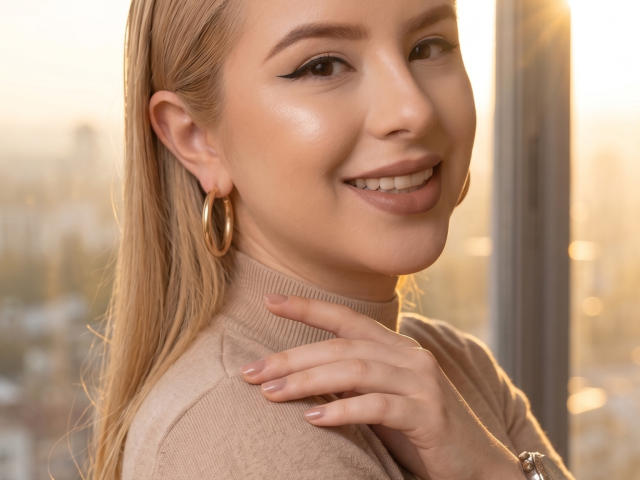 AshleyRosss, avec ses cheveux blonds, portant des boucles d'oreilles dorées et un pull col roulé beige, souriant avec du maquillage, la main près du menton, avec la lumière du soleil en arrière-plan, ayant l'air mignonne et séduisante..