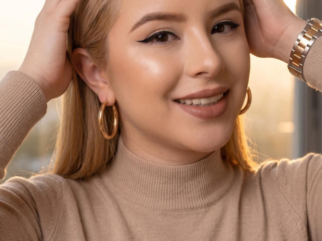 AshleyRosss hat blondes Haar, große goldene Ohrringe, einen glänzenden silbernen Armreif und trägt einen beige farbenen Rollkragenpullover. Sie lächelt, hat die Hände im Haar und sieht süß aus..