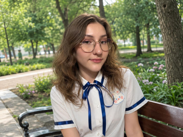 Lenore Schontz, con i capelli castano ondulati, gli occhiali e un'uniforme scolastica bianca con un nastro e un logo blu, è seduta su una panchina di legno in un parco. Il suo seno è piccolo..