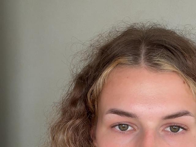 O rosto de LiaWanat, mostrando seus olhos verdes e o cabelo castanho levemente bagunçado com mechas loiras. Suas sobrancelhas são escuras e levemente arqueadas, com uma aparência natural e discreta..
