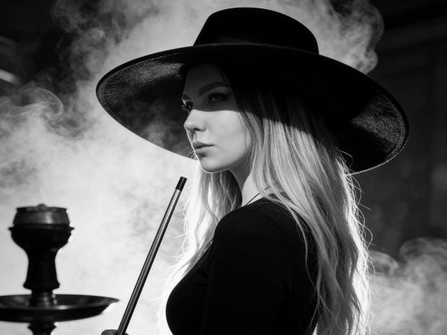 Black-and-white photo of LawandaMuzzy with long blonde hair, wearing a dark wide-brim hat, smoking a pipe, holding a hookah, looking side, showing her tits, in a smoky shot.