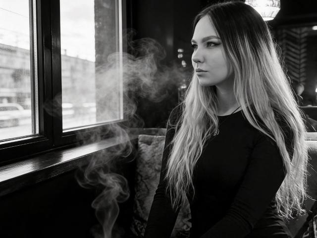Black-and-white photo of LawandaMuzzy with long, straight, blonde hair, smoking, wearing a black long-sleeve top, looking out a window with visible smoke. Her ass is not visible.