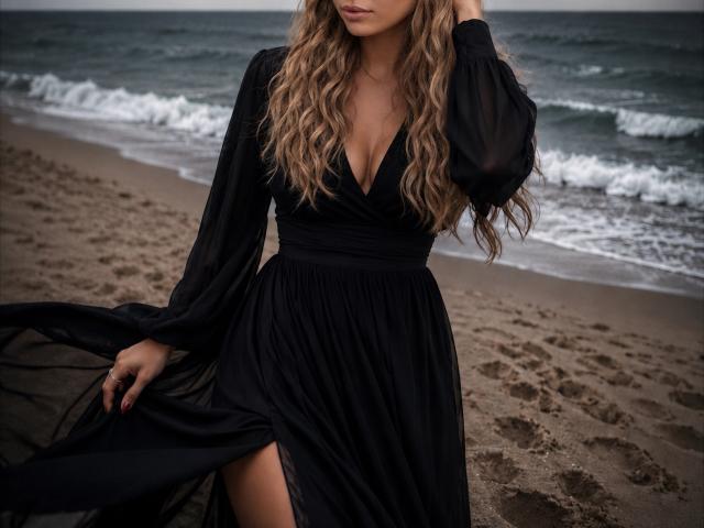 Niferttiti met lang, golvend bruin haar, gekleed in een zwarte, doorschijnende jurk met lange mouwen, een diepe V-hals en een hoge spleet, staat op een strand met golven in de oceaan..