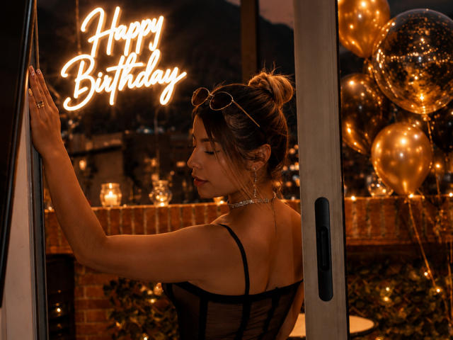 AmaraRicci with her back to the camera, wearing a black sheer top, showing her tits, standing by a window with neon "Happy Birthday" sign and gold balloons.