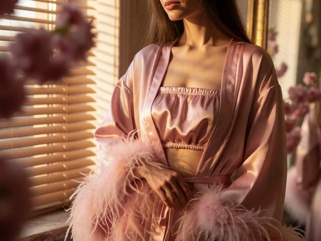 Euphorie dans une robe en satin rose avec des poignets duveteux, montrant les seins dans un haut moulant, éclairée par le soleil, longs cheveux bruns, stores en arrière-plan, fleurs roses délicates, sexy, élégante, douce..