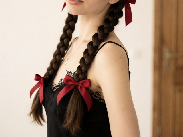 Euphories avec des cheveux bruns tressés, des rubans rouges, un caraco en dentelle noire, montrant le profil, petites seins, peau claire, sourire doux, porte en bois en arrière-plan..