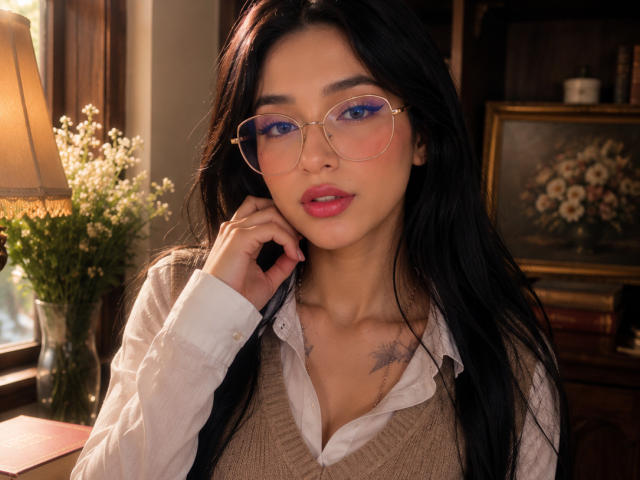 Celeste Ocampo, avec de longs cheveux noirs, des yeux bleus et des lunettes roses, portant une chemise blanche et un gilet beige, touchant sa joue, montrant de petites seins et un tatouage sur la poitrine..