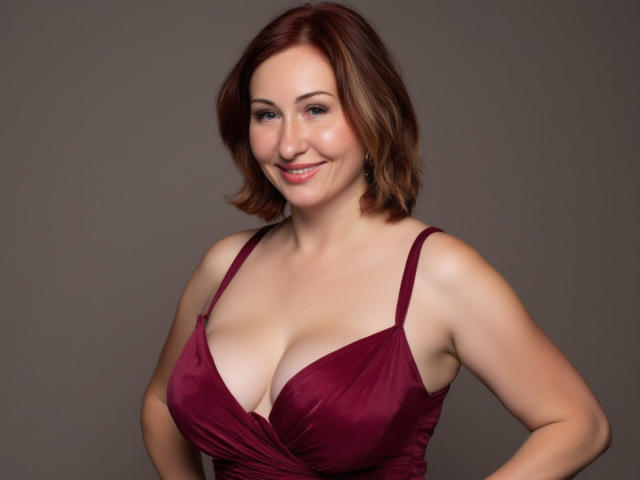MissTessy mit mittelbraunen Haaren, lächelnd, trägt ein tiefrotes Seidenkleid, das ihre großen Brüste und ihre helle Haut betont, und steht vor einem schlichten Hintergrund..