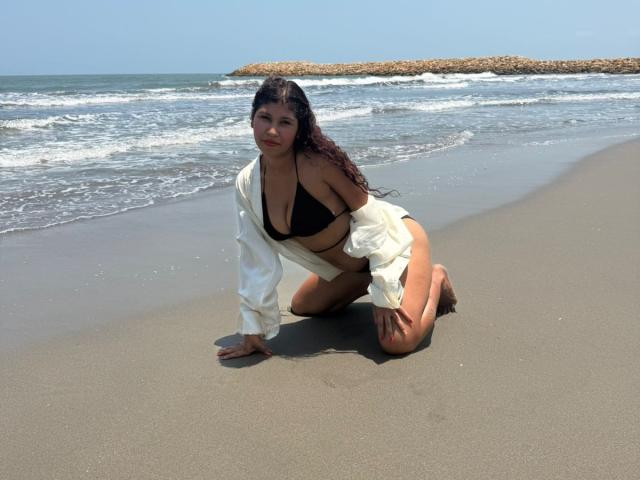 SeaHot, de rodillas, con un top de bikini negro y una camisa blanca abierta, mostrando sus pechos y glúteos, con arena mojada y olas suaves al fondo..