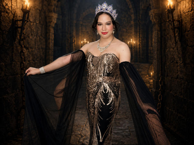 MistressAdrianaTop in a sparkly, gold, strapless dress with sheer black sleeves, silver tiara, red lipstick, and diamond necklace, standing in a dark, stone hallway with candles.
