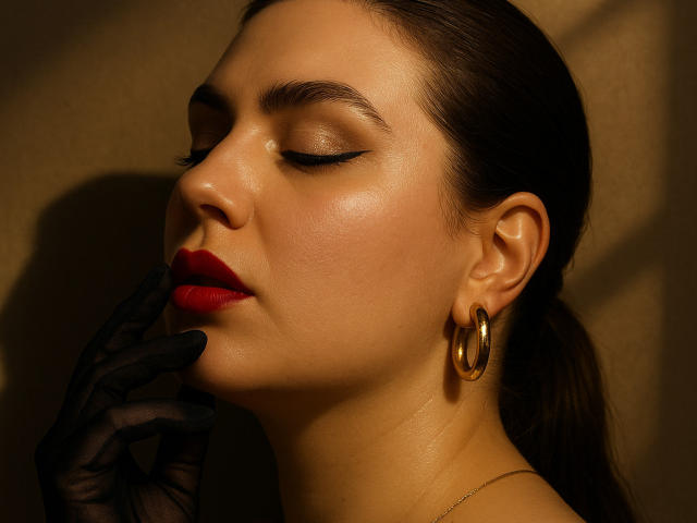 Het gezicht van PeachBliss, met gesloten ogen, draagt rode lippenstift, zwarte eyeliner, zwarte handschoenen en gouden oorringen. Ze raakt haar kin aan met haar beklede hand, in warm, goudkleurig licht..