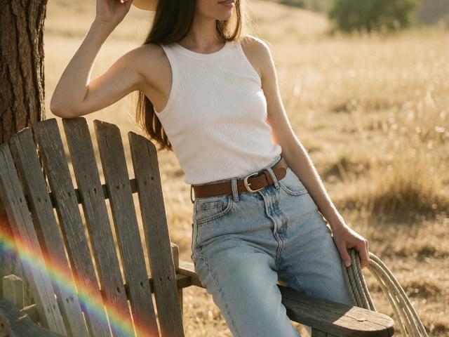 Vrouwen met lang bruin haar, een witte ribbel-tanktop en blauwe, hoge taille jeans, leunend op een houten bank, bruine riem, hand in het haar, kleine regenboog, zonnig, ontspannen..