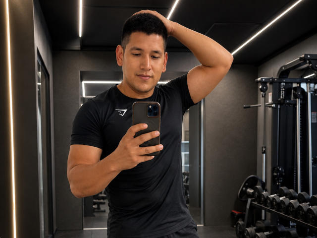DanteVega with short black hair, muscular arms, black t-shirt, holding phone, looking down, right arm behind head, in dimly lit gym, standing in front of mirror.