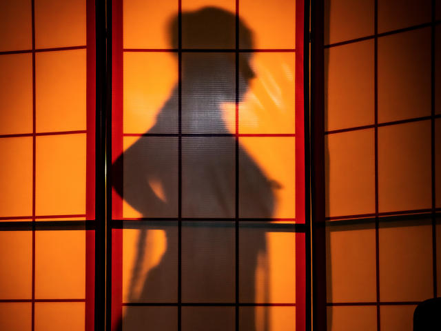 Der Schatten von Greiz, SubKimuras Brüste und Hintern, steht mit einer Hand am Hüfte, und sein Schatten wird auf orangefarbene und rote japanische Shoji-Schirmwände geworfen, wodurch eine starke Silhouette entsteht..