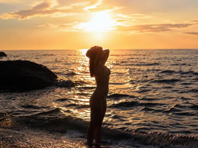 Silhouetted AlexXas with hands in long brown hair, standing in shallow water, sun setting behind, golden light reflecting off her curvy ass and back, ocean waves around.