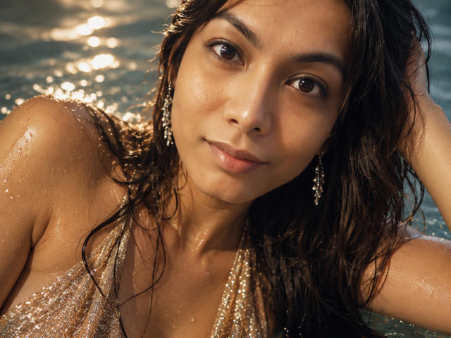 Chanteuse a les cheveux bruns et mouillés, des yeux foncés et un léger sourire. Elle porte un haut scintillant, et ses seins sont visibles, avec des gouttes d'eau sur sa peau..