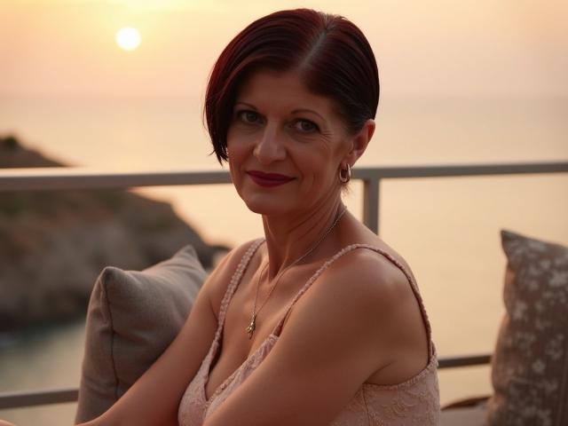 MichelleNoir with short red hair, wearing a pink lace top, smiling at the camera, holding a pillow, small gold necklace, sunset in the background, ocean visible.