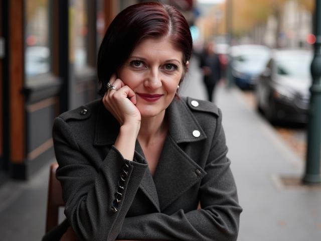 MichelleNoir con i capelli rossi corti, cappotto grigio abbottonato, mano sul viso, sorridente, anello al dito, sfondo di strada, auto, pedoni sfocati, colori autunnali, carina, sexy, elegante..