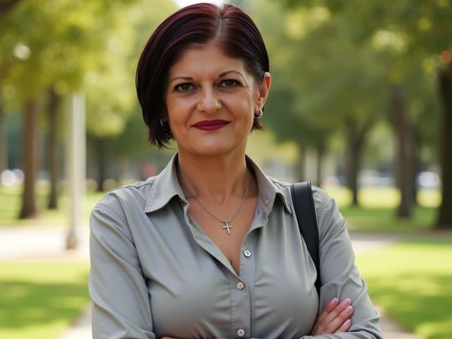 MichelleNoir mit kurzen, roten Haaren, die ein graues Hemd mit Knopfleiste, eine Kreuzkette und ein schwarzes Armband trägt, steht mit verschränkten Armen und einem Lächeln in einem grünen Park..