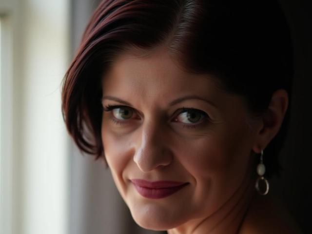 MichelleNoir, con i capelli rosso scuro, gli occhi verdi e il rossetto rosa, sorride leggermente. Indossa piccoli orecchini a cerchio e ha la pelle chiara. Ha il seno piccolo ed è carina..