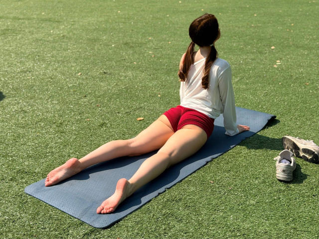Starlightxs-hot is lying face-down on a blue mat, wearing a white long-sleeve shirt and red shorts, with her bare feet and butt visible, sneakers to the right.