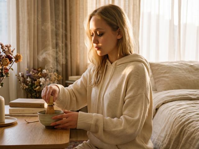 CherSartell with blonde hair, wearing a beige hoodie, stirring a steaming bowl with a wooden spoon at a sunlit wooden table, holding a candle in the background.