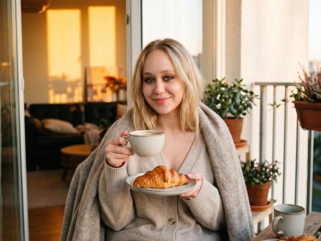 CherSartell, com cabelo loiro, segurando um croissant e uma xícara branca, vestindo um cardigã cinza, em pé em uma varanda, sorrindo, luz da manhã, plantas em vasos, café, aconchegante..