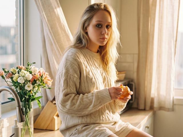 CherSartell with blonde hair, wearing a cream knit sweater, holding a piece of bread, sitting by a sunlit window, flower vase, and wooden knife block in the kitchen.