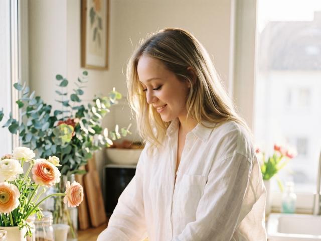 CherSartell with blonde hair, white button-down shirt, smiling softly, looking down, sunlight in window, pink and white flowers on table, green plant in background, cozy indoor setting.