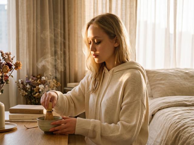 CherSartell with blonde hair, wearing a white knit sweater, stirring a bowl with a wooden spoon in a sunlit room, steam rising from the bowl.