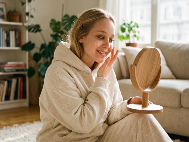 CherSartell, con cabello rubio, vestida con una sudadera beige, sonriendo frente a un espejo de madera con un marco redondo, sentada sobre una alfombra, con las manos cerca de su rostro, luciendo adorable..