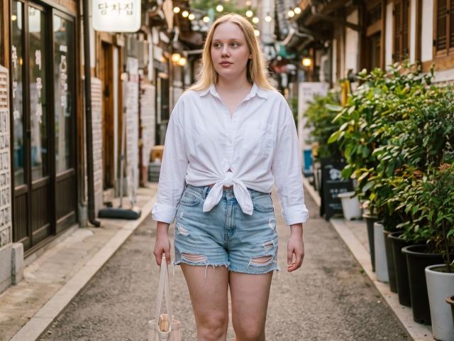 CherSartell with pale skin, blonde hair, white button-up shirt tied at waist, blue ripped denim shorts, holding beige purse, standing on narrow urban street.