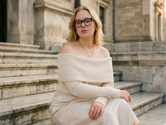 CherSartell with blonde hair, glasses, off-shoulder cream sweater, and beige dress, sitting on stone steps, hands on knees, necklace, calm expression, soft light.