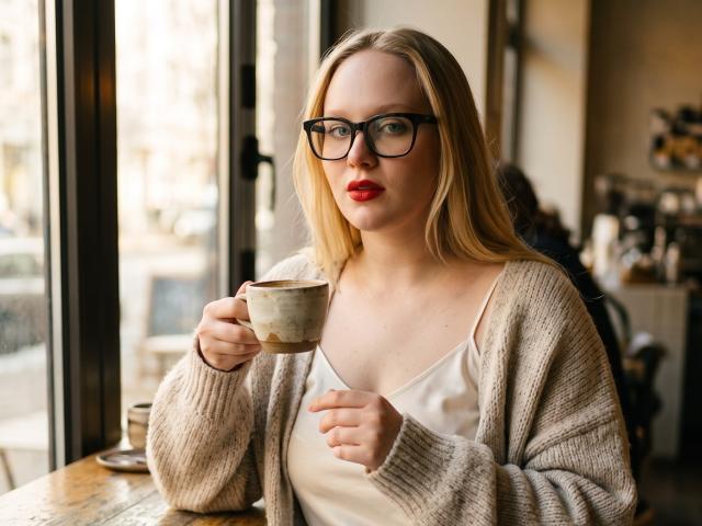 CherSartell mit blonden Haaren, rotem Lippenstift und schwarzen Brillen, die eine Tasse hält, trägt ein weißes Tanktop und einen beigen Pullover und sitzt an einem Fenster in einem Café..