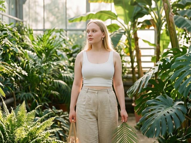 CherSartell, con cabello rubio, una camiseta blanca y pantalones beige de cintura alta, sosteniendo un abanico, está de pie en medio de plantas verdes exuberantes en un invernadero iluminado por el sol. Sus pechos son pequeños..