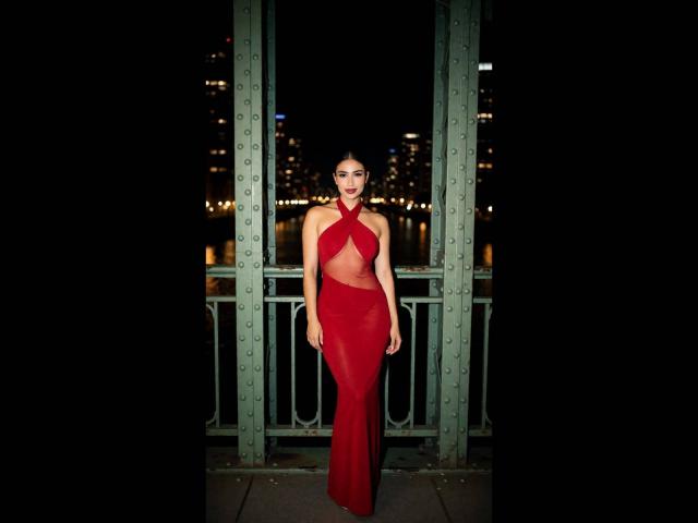 MiilaWx stands in a red, sheer, halter dress with a crotch cut-out, showing her pussy through the fabric, on a green bridge at night.