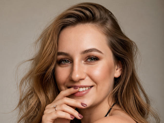 Marriam with wavy brown hair, green eyes, and a cute smile, touching her lip with her finger, showing a ring on her finger, and pink nail polish.