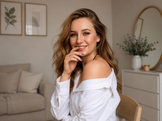 Marriam, met golvend bruin haar, lachend, draagt een witte blouse met een open schouder, raakt aan haar kin, en laat haar mooie borsten en schattige billen zien in een gezellige kamer..