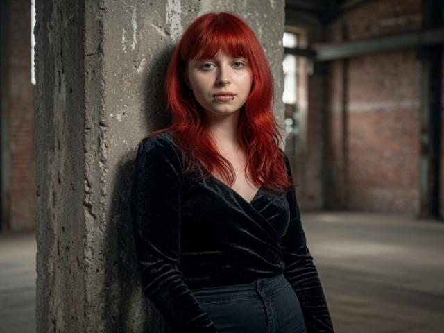 CarolanNiheu, con i capelli rossi, indossa una maglia di velluto nero, appoggiata a un pilastro di cemento grezzo in un ambiente industriale, con un'espressione seria e un leggero broncio, mostrando il seno..