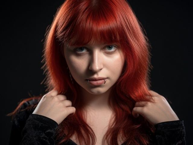 CarolanNiheu ha i capelli rossi, gli occhi azzurri e un piercing al naso. Tiene i capelli tra le mani, indossa una maglietta nera e ha un'espressione seria..