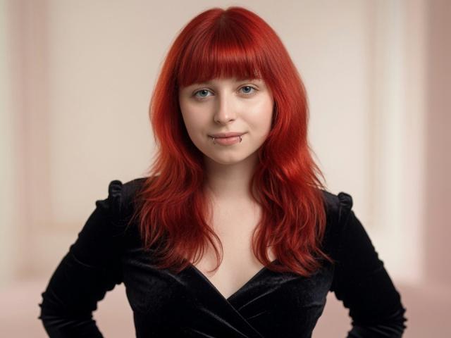CarolanNiheu, met haar felrode haar, draagt een zwarte fluwelen jurk, heeft een lipiering en een subtiele glimlach, en staat met haar handen op haar heupen, recht in de camera kijkend..