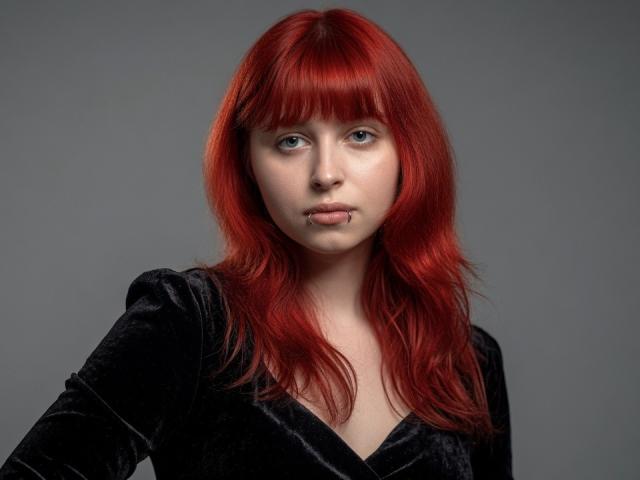 CarolanNiheu, con cabello rojo, blusa de terciopelo negro, piercing en la lengua y labio, mirando a la cámara con piel pálida y ojos azules, fondo gris..