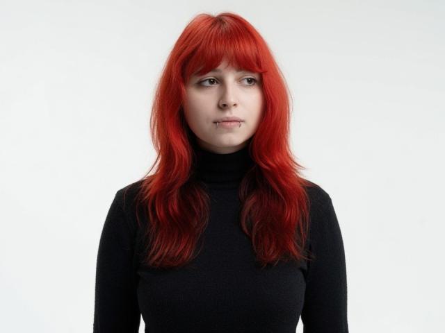 CarolanNiheu, con i capelli rosso acceso, indossa un maglione nero a collo alto, ha un leggero cipiglio e un piccolo piercing al labbro, e guarda direttamente la fotocamera..