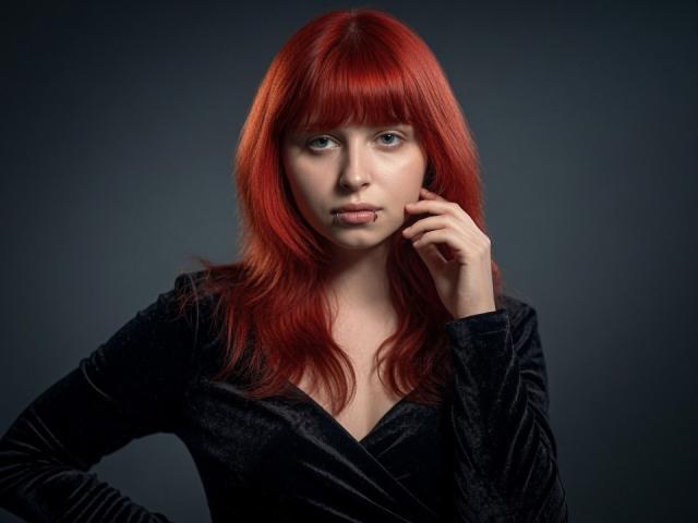 CarolanNiheu heeft rood haar, blauwe ogen en een lichte huidskleur, draagt een zwarte fluwelen jurk, met een hand die haar wang aanraakt, en ze heeft een serieuze en sensuele uitstraling..