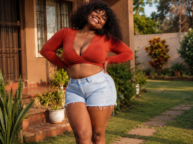 ThirstXQuencher, une femme à la peau foncée avec des cheveux bouclés, de grandes seins et une grande fesse, porte un top court rouge et un short en jean usé, et sourit dans un jardin ensoleillé..