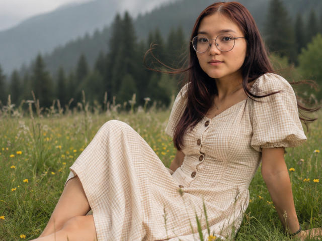 LavonKolsrud, avec des lunettes et de longs cheveux roux, est assise dans un champ herbeux, vêtue d'une robe à carreaux avec des boutons, qui dévoile légèrement sa poitrine, dans un cadre naturel et décontracté..